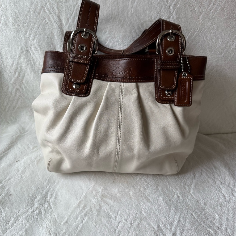 Coach Two-Tone Leather Tote in White and Brown